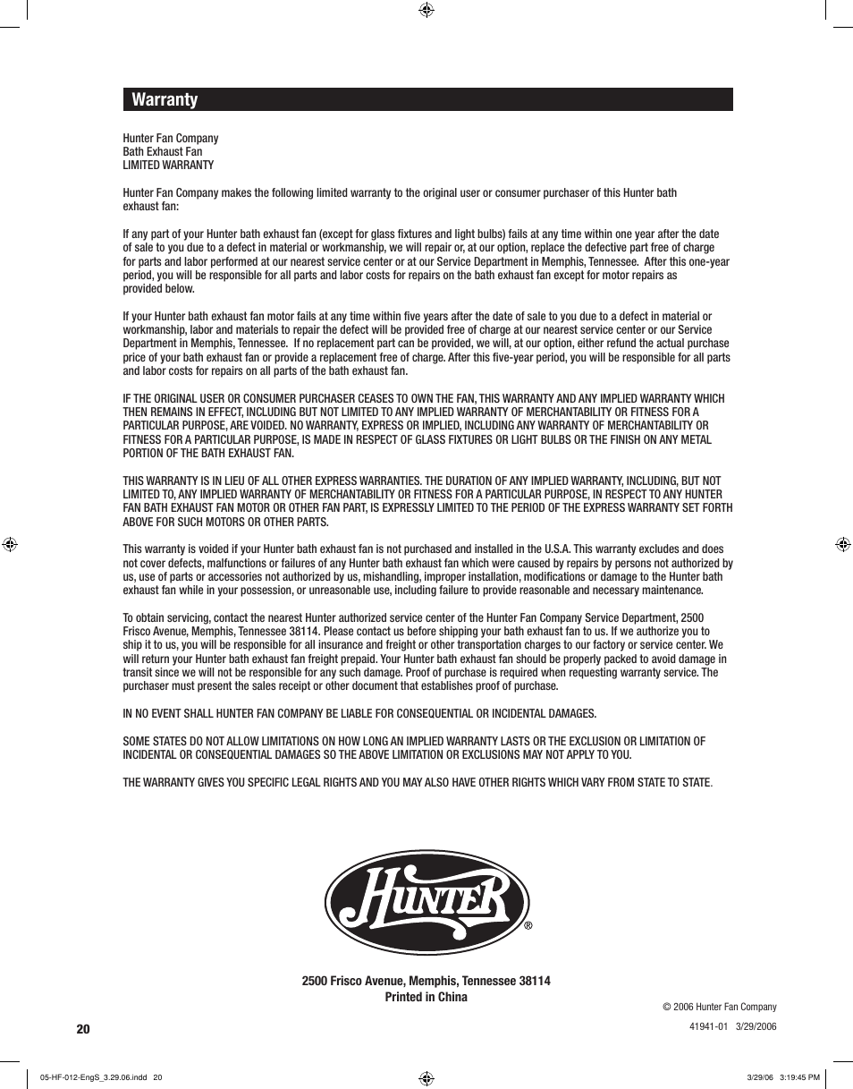 Warranty | Hunter Fan WELLESLEY 82007 User Manual | Page 20 / 40