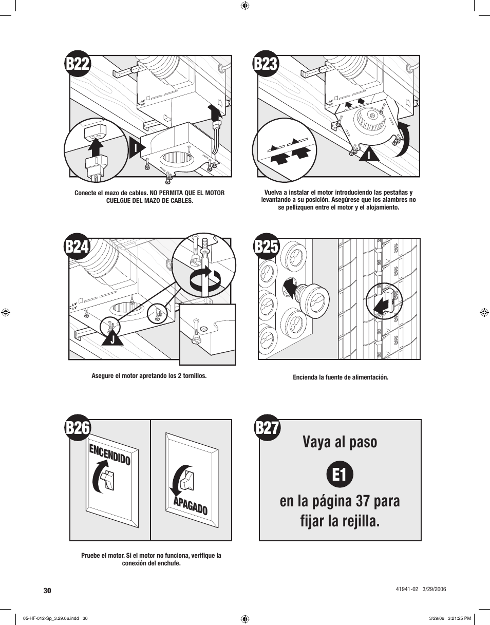 B27 e1, Vaya al paso en la página 37 para fijar la rejilla, Encendido apagado | Hunter Fan WELLESLEY 82007 User Manual | Page 30 / 40