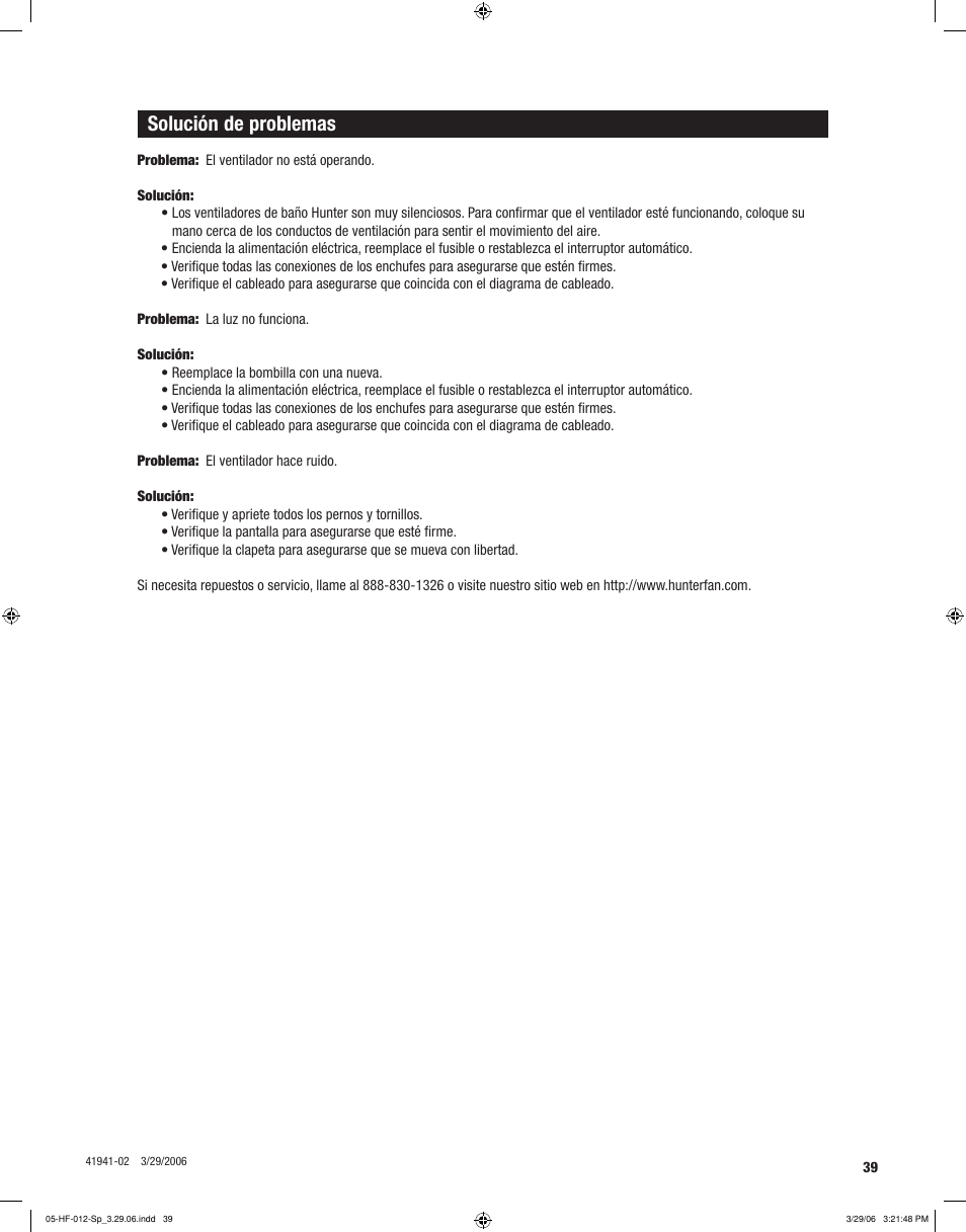 Solución de problemas | Hunter Fan WELLESLEY 82007 User Manual | Page 39 / 40