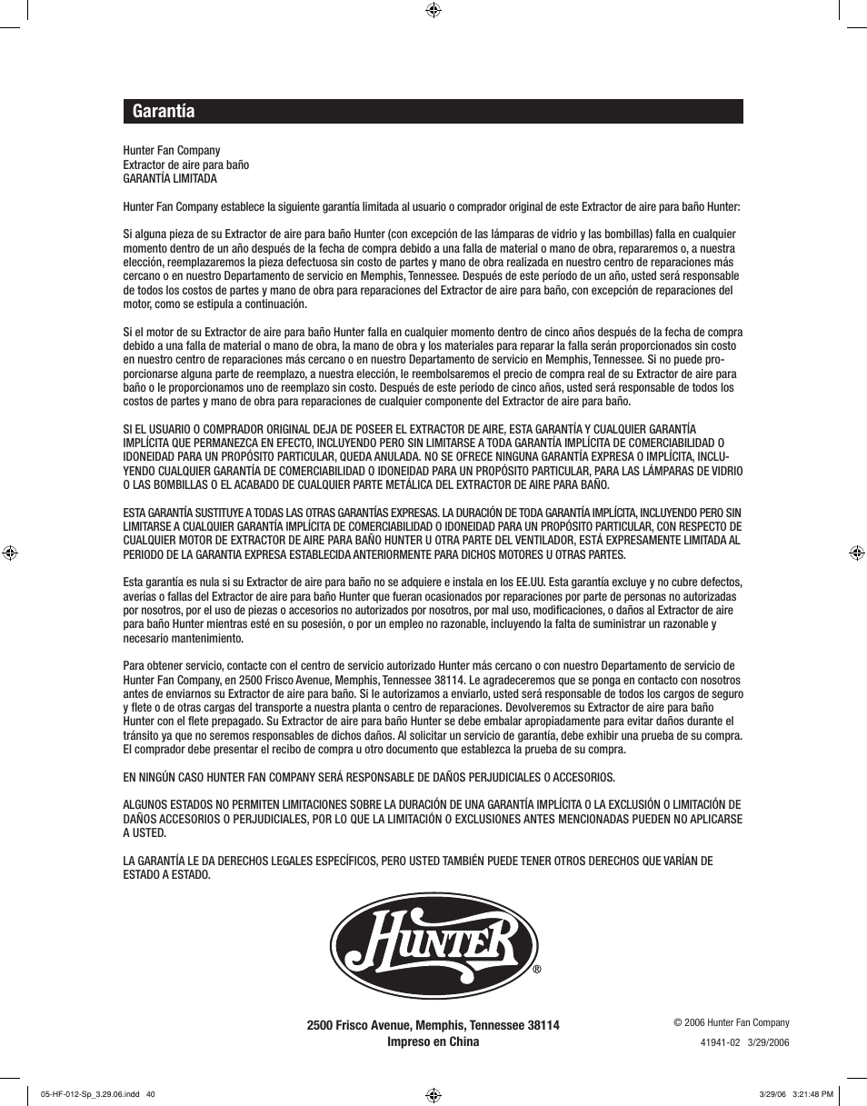 Garantía | Hunter Fan WELLESLEY 82007 User Manual | Page 40 / 40