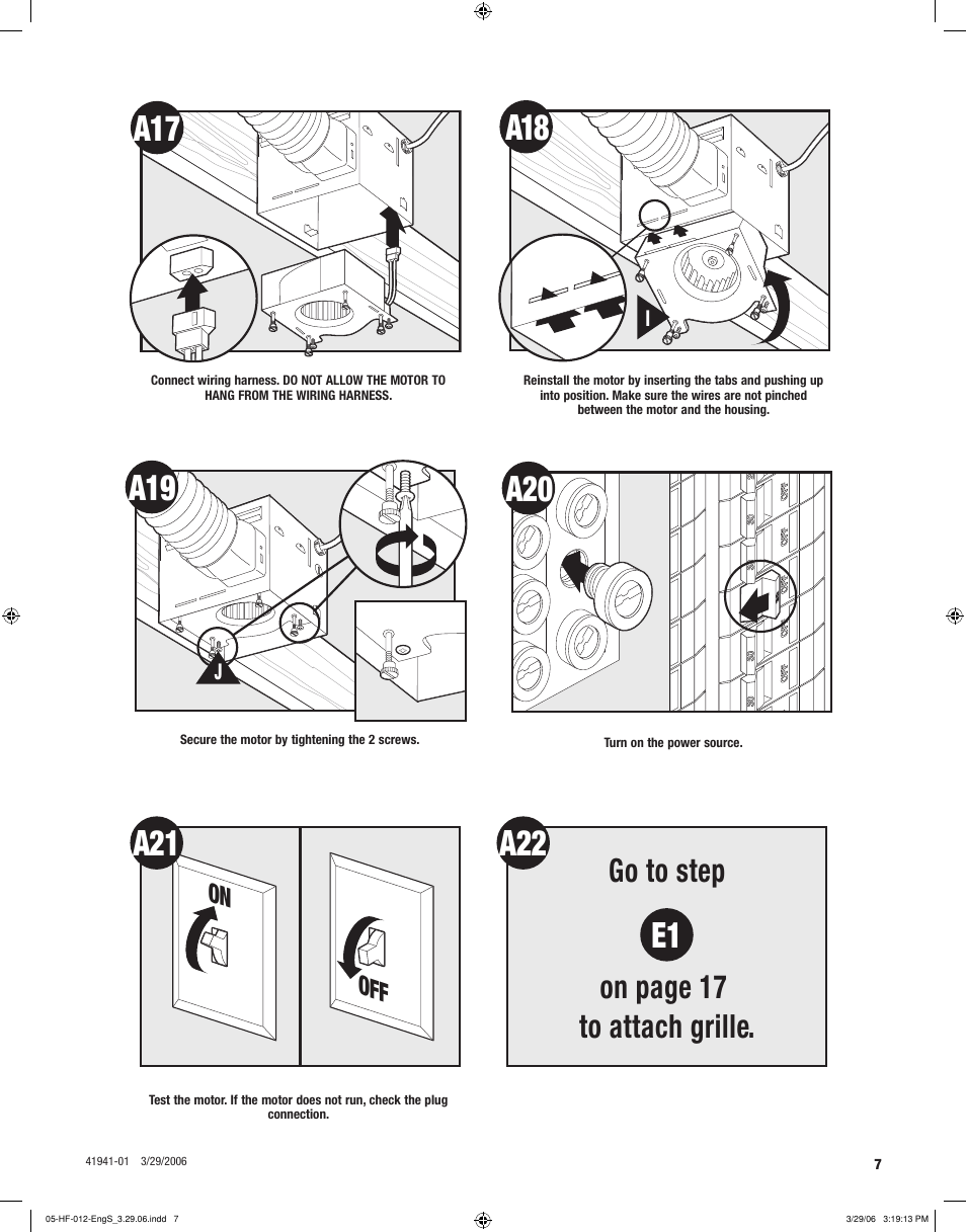 A22 e1, Go to step on page 17 to attach grille, On off | Hunter Fan WELLESLEY 82007 User Manual | Page 7 / 40