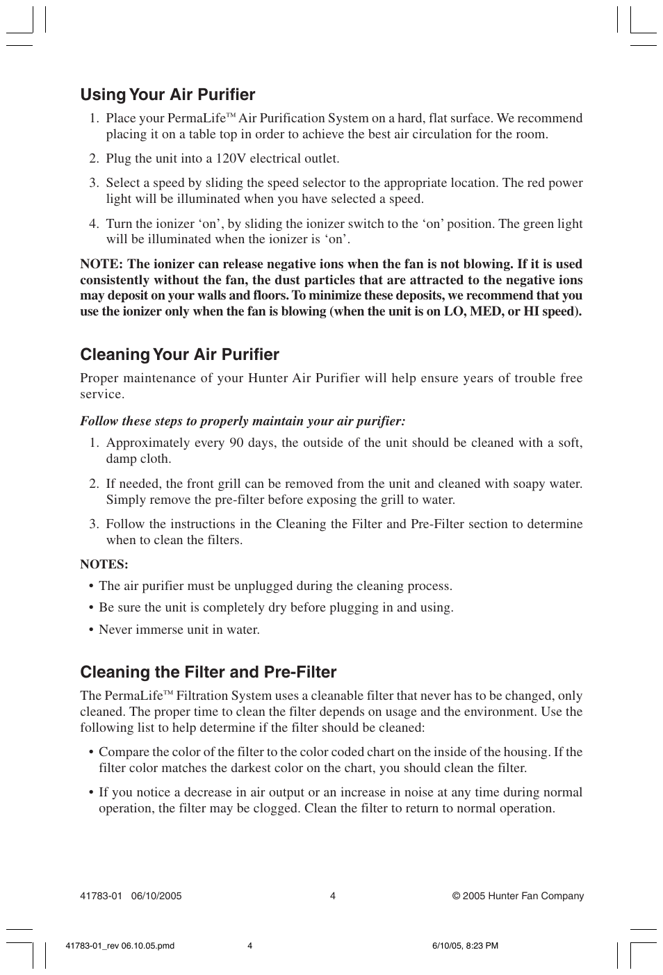 Using your air purifier, Cleaning your air purifier, Cleaning the filter and pre-filter | Hunter Fan 30023 User Manual | Page 4 / 8