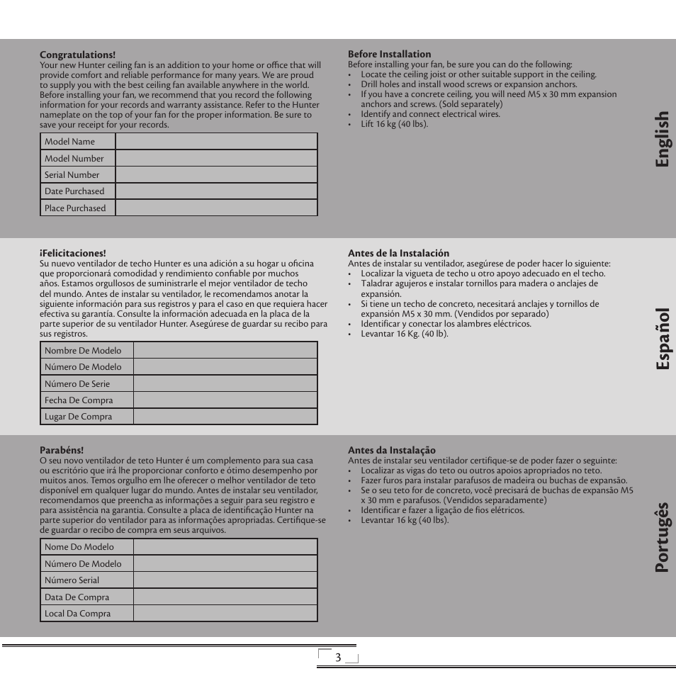 English español portugês | Hunter Fan 44270 User Manual | Page 3 / 25