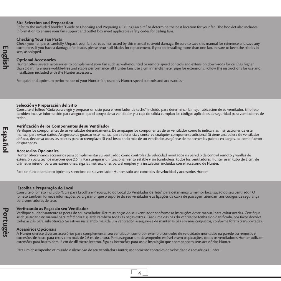 English español portugês | Hunter Fan 44270 User Manual | Page 4 / 25