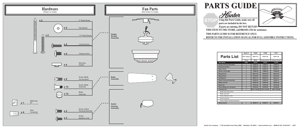 Hunter Fan Fan Parts 23866 User Manual | 2 pages