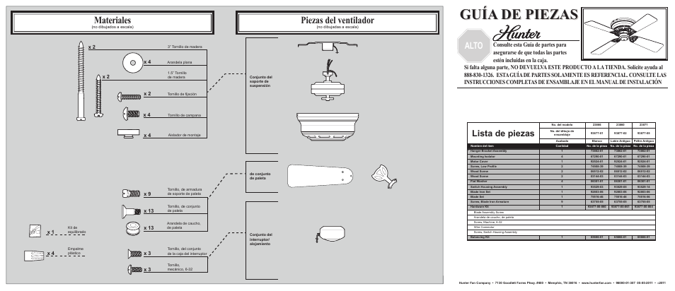 Guía de piezas, Materiales, Piezas del ventilador | Alto, Lista de piezas, X 3 x 4 | Hunter Fan Fan Parts 23866 User Manual | Page 2 / 2