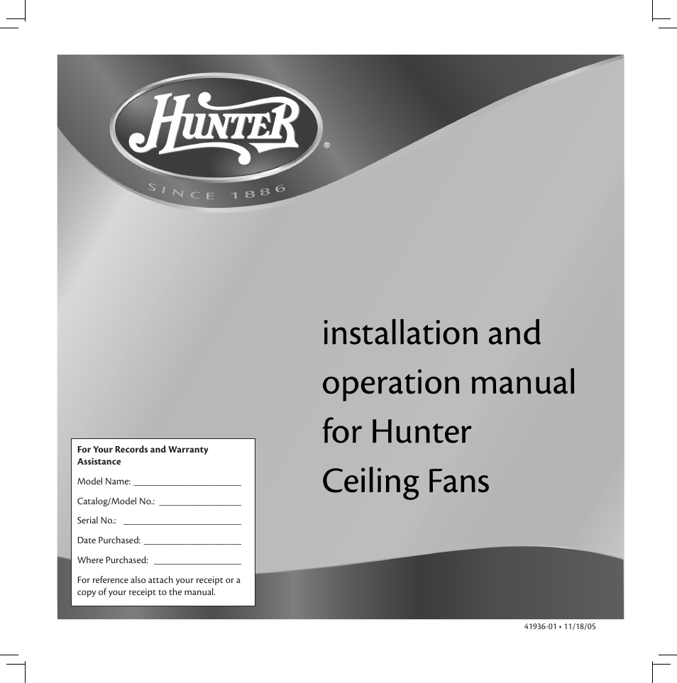Hunter Fan Hunter Ceiling Fan 41936-01 User Manual | 14 pages
