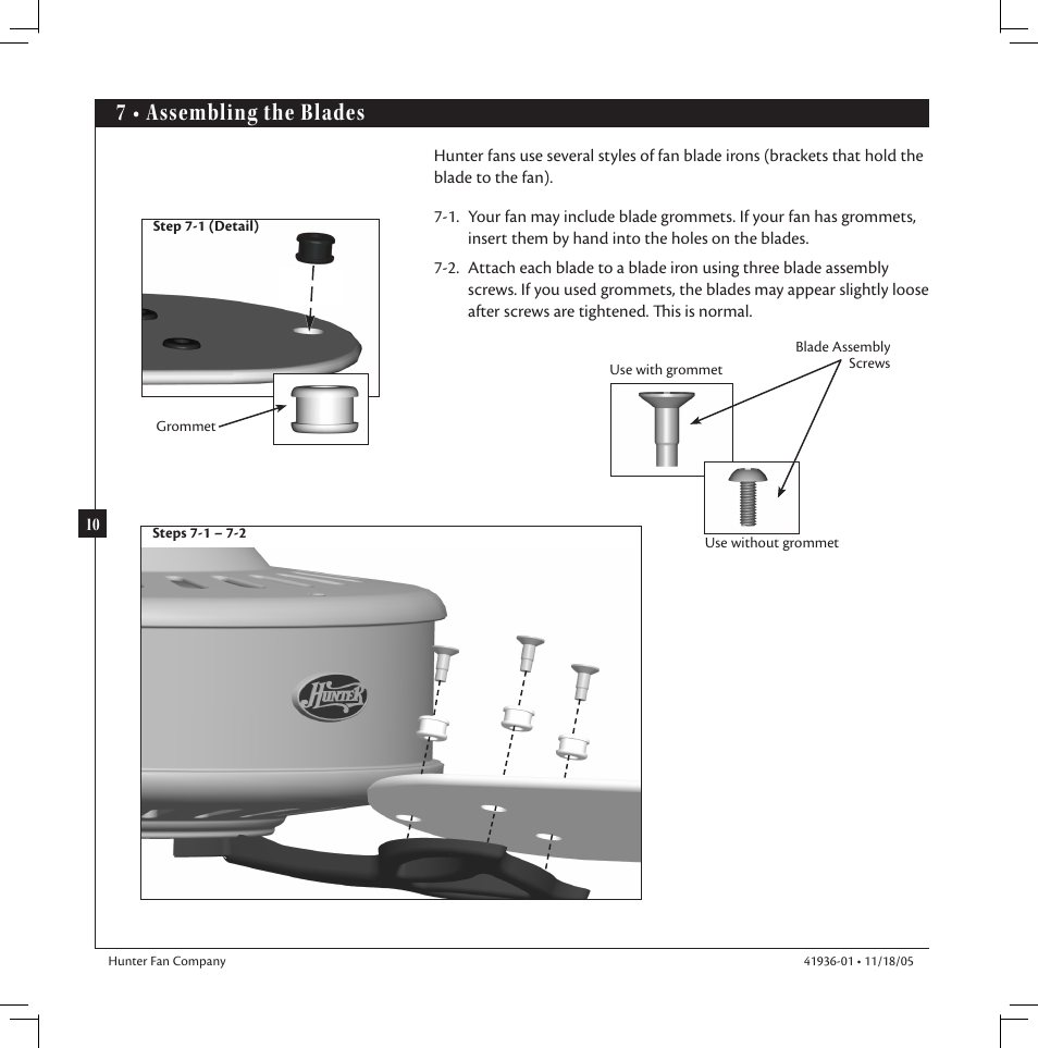 7 • assembling the blades | Hunter Fan Hunter Ceiling Fan 41936-01 User Manual | Page 10 / 14