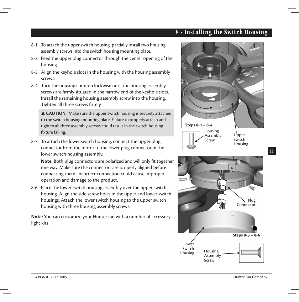 8 • installing the switch housing | Hunter Fan Hunter Ceiling Fan 41936-01 User Manual | Page 11 / 14