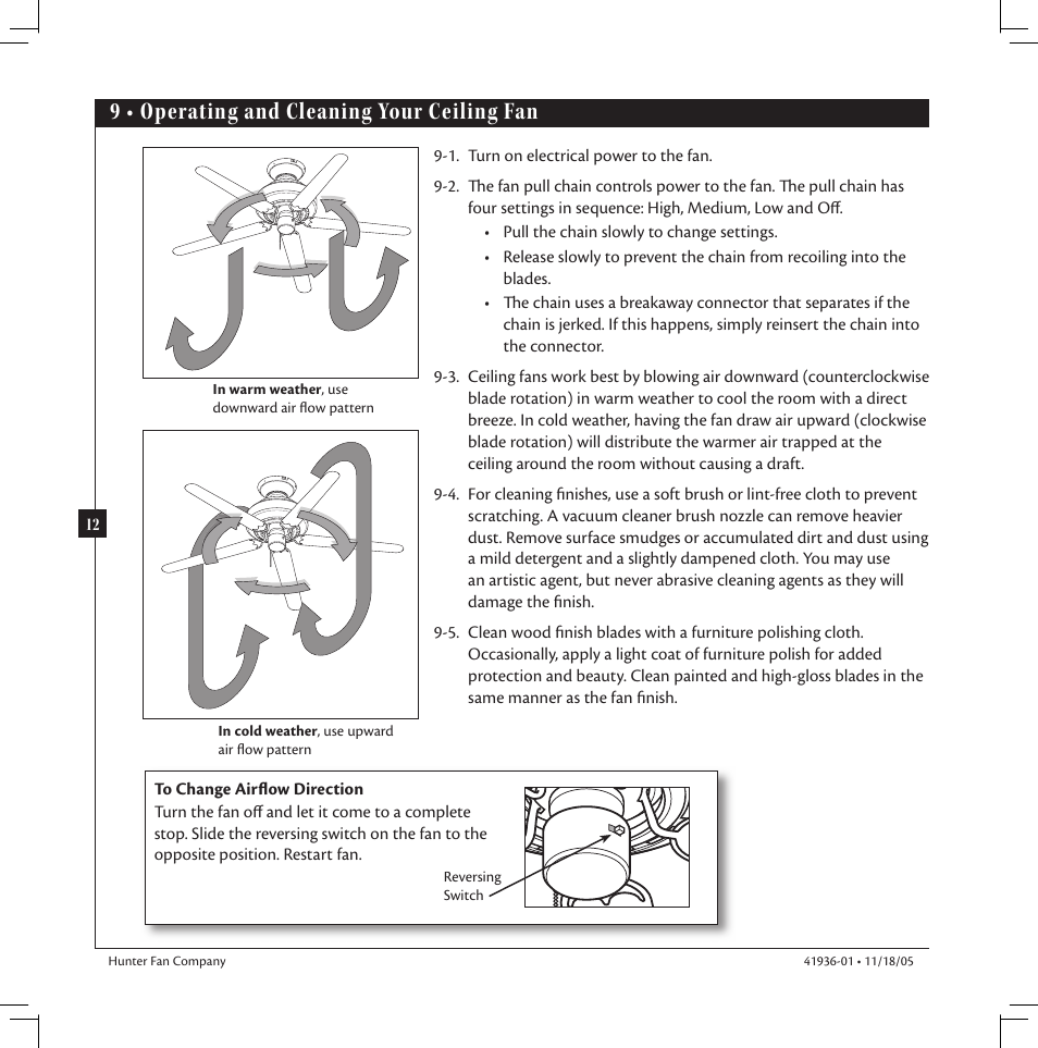 9 • operating and cleaning your ceiling fan | Hunter Fan Hunter Ceiling Fan 41936-01 User Manual | Page 12 / 14