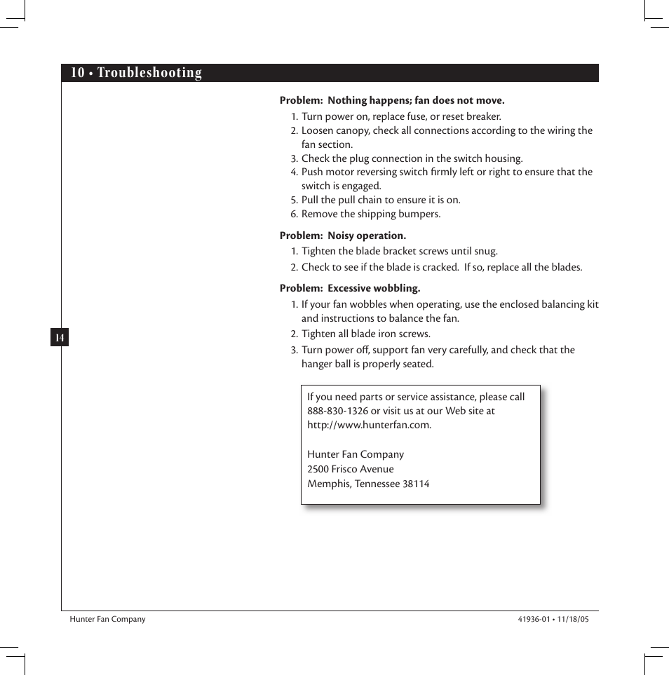 10 • troubleshooting | Hunter Fan Hunter Ceiling Fan 41936-01 User Manual | Page 14 / 14