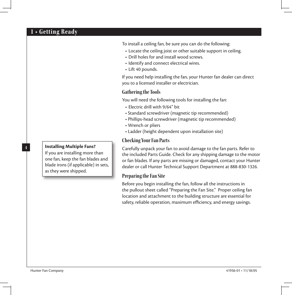 1 • getting ready, Gathering the tools, Checking your fan parts | Preparing the fan site | Hunter Fan Hunter Ceiling Fan 41936-01 User Manual | Page 4 / 14