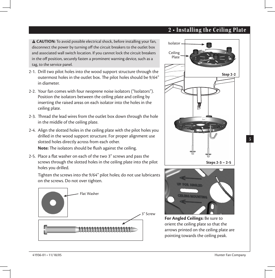 2 • installing the ceiling plate | Hunter Fan Hunter Ceiling Fan 41936-01 User Manual | Page 5 / 14