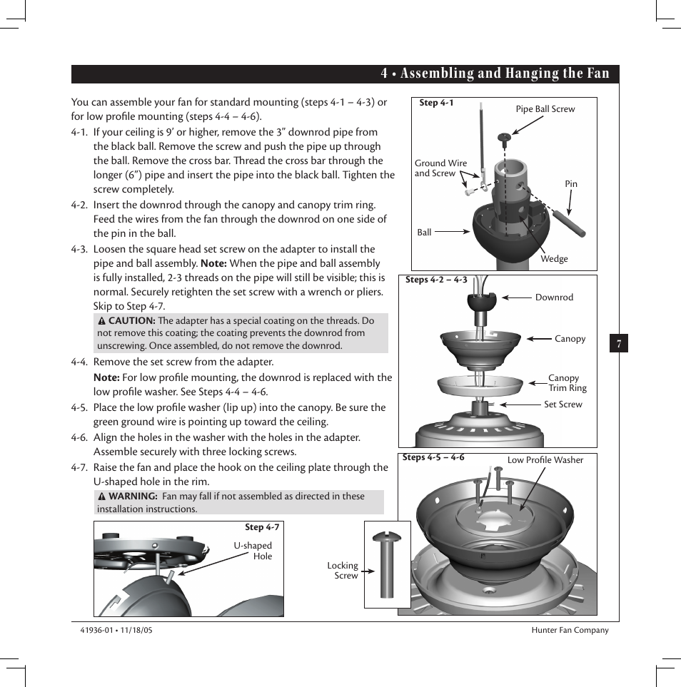 4 • assembling and hanging the fan | Hunter Fan Hunter Ceiling Fan 41936-01 User Manual | Page 7 / 14