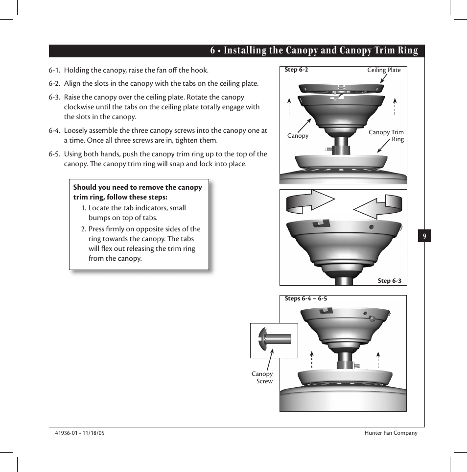 6 • installing the canopy and canopy trim ring | Hunter Fan Hunter Ceiling Fan 41936-01 User Manual | Page 9 / 14