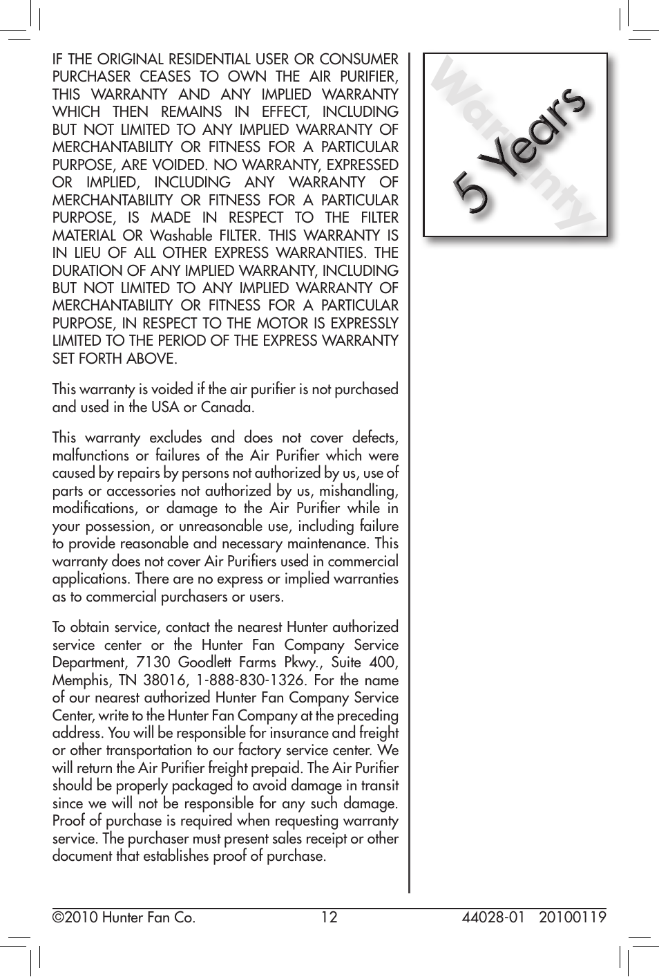 Warranty | Hunter Fan 44028-01 User Manual | Page 12 / 14