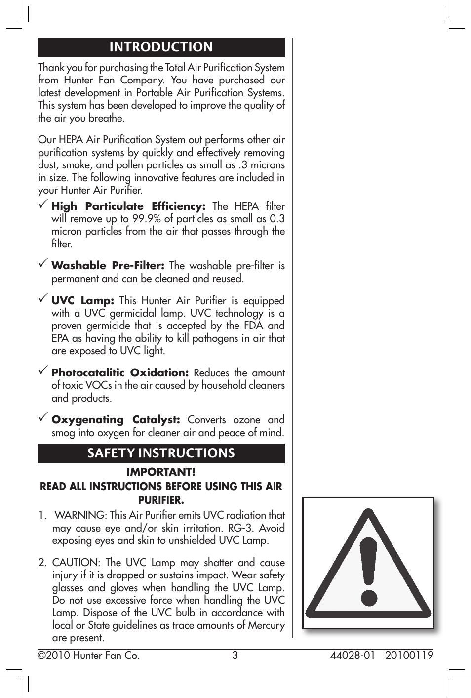 Introduction, Safety instructions | Hunter Fan 44028-01 User Manual | Page 3 / 14