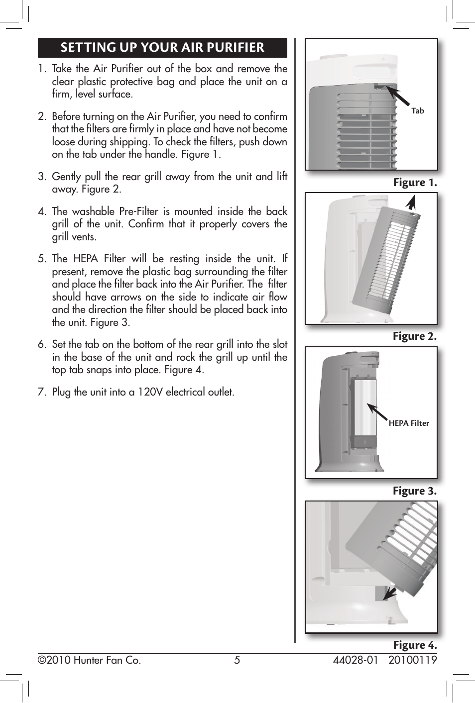 Setting up your air purifier | Hunter Fan 44028-01 User Manual | Page 5 / 14
