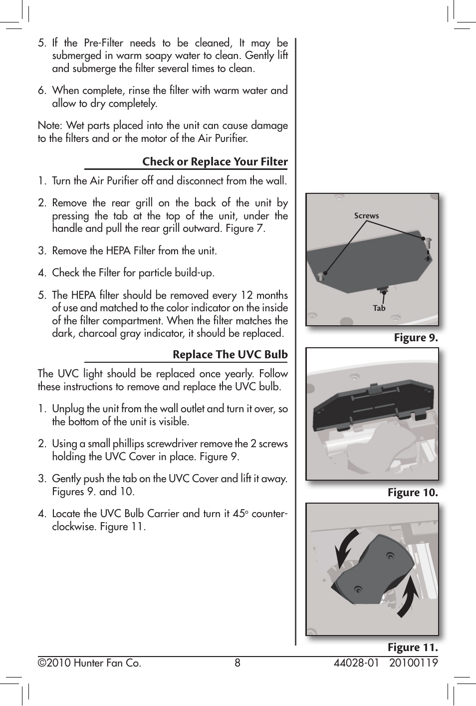 Check or replace your filter, Replace the uvc bulb, Figure 9. replace the uvc bulb | Figure 10. figure 11 | Hunter Fan 44028-01 User Manual | Page 8 / 14