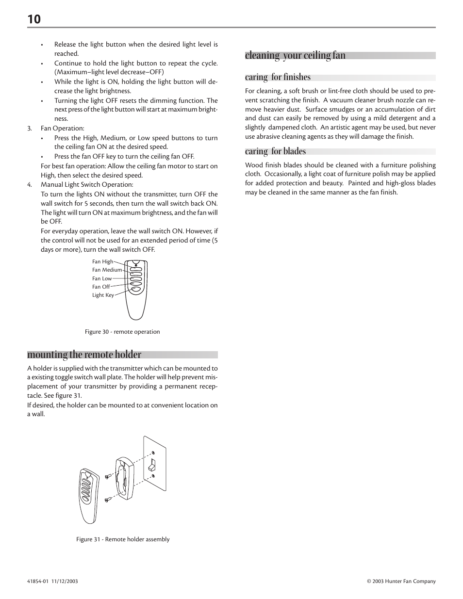 Mounting the remote holder, Cleaning your ceiling fan, Caring for finishes | Caring for blades | Hunter Fan Fan User Manual | Page 10 / 11