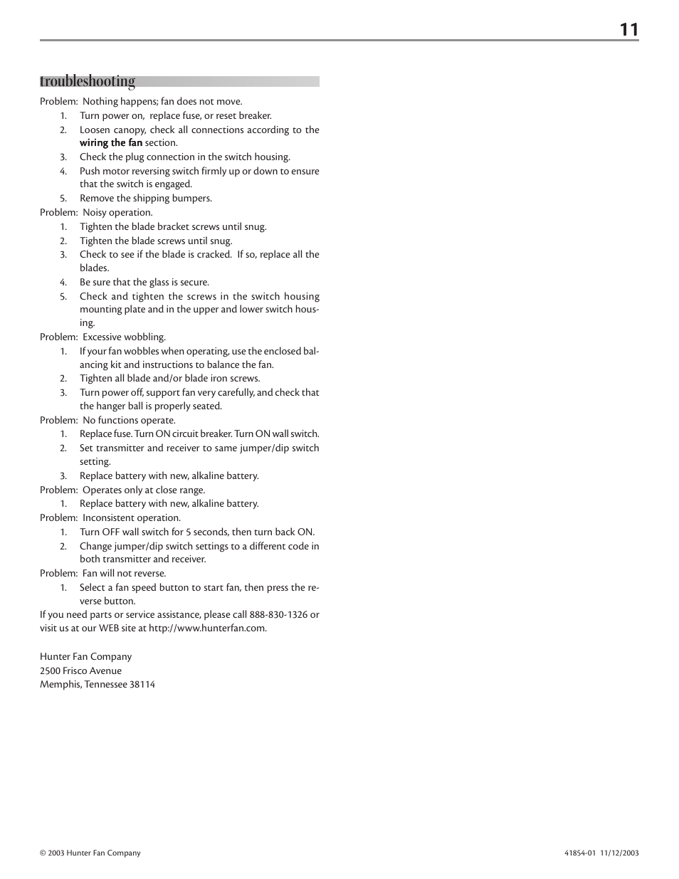 Troubleshooting | Hunter Fan Fan User Manual | Page 11 / 11