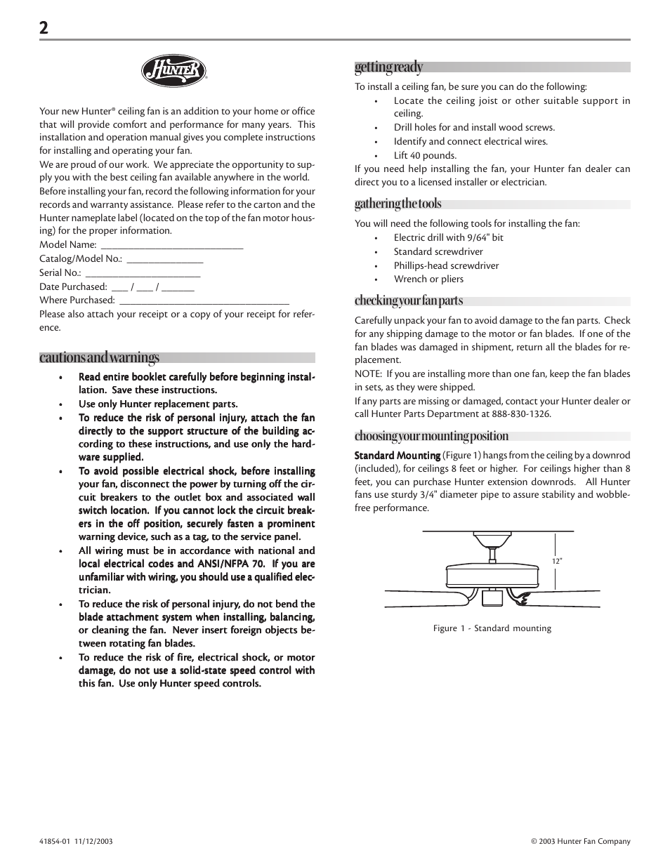 Cautions and warnings, Getting ready, Gathering the tools | Checking your fan parts, Choosing your mounting position | Hunter Fan Fan User Manual | Page 2 / 11