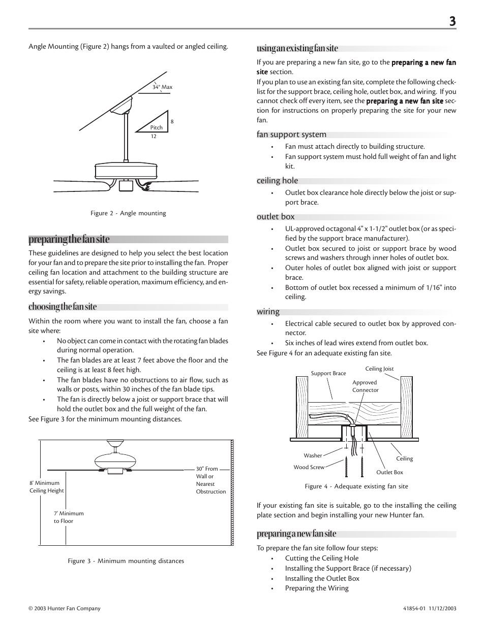 Preparing the fan site, Using an existing fan site, Preparing a new fan site | Choosing the fan site | Hunter Fan Fan User Manual | Page 3 / 11