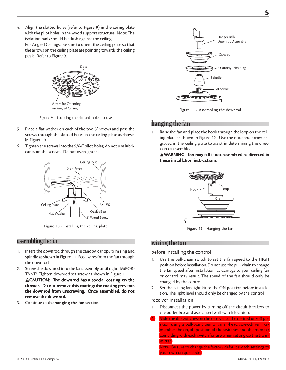 Hanging the fan, Wiring the fan, Assembling the fan | Hunter Fan Fan User Manual | Page 5 / 11