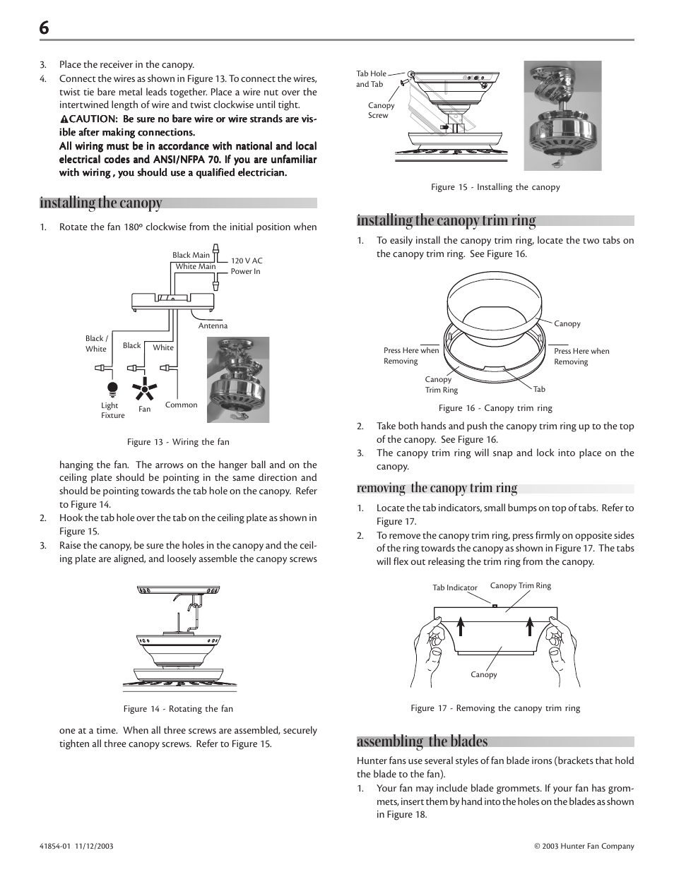 Installing the canopy, Installing the canopy trim ring, Assembling the blades | Removing the canopy trim ring | Hunter Fan Fan User Manual | Page 6 / 11
