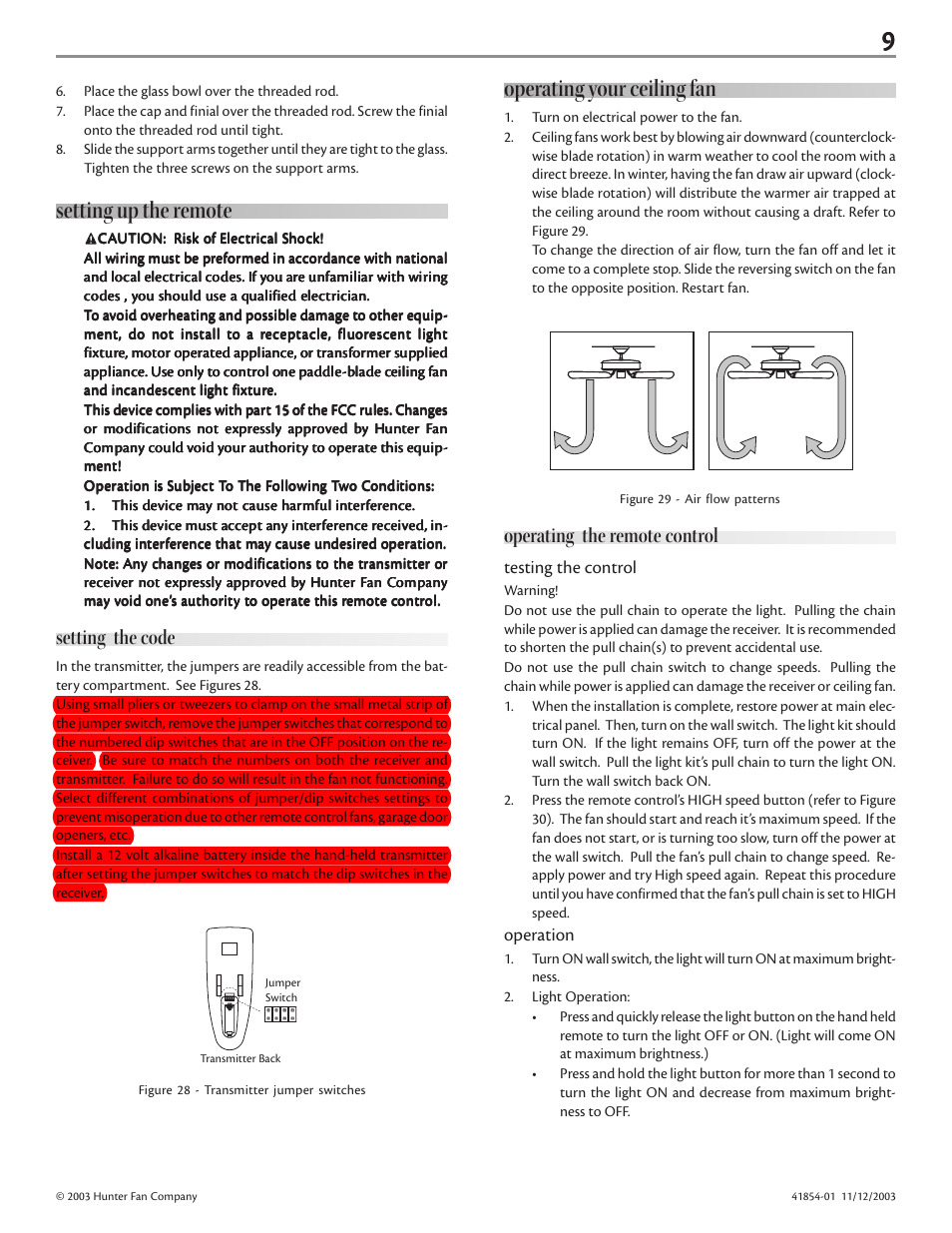 Setting up the remote, Operating your ceiling fan, Setting the code | Operating the remote control | Hunter Fan Fan User Manual | Page 9 / 11