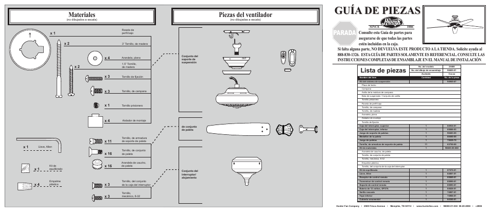 Guía de piezas, Materiales, Piezas del ventilador | Parada, Lista de piezas | Hunter Fan 28488 User Manual | Page 2 / 2