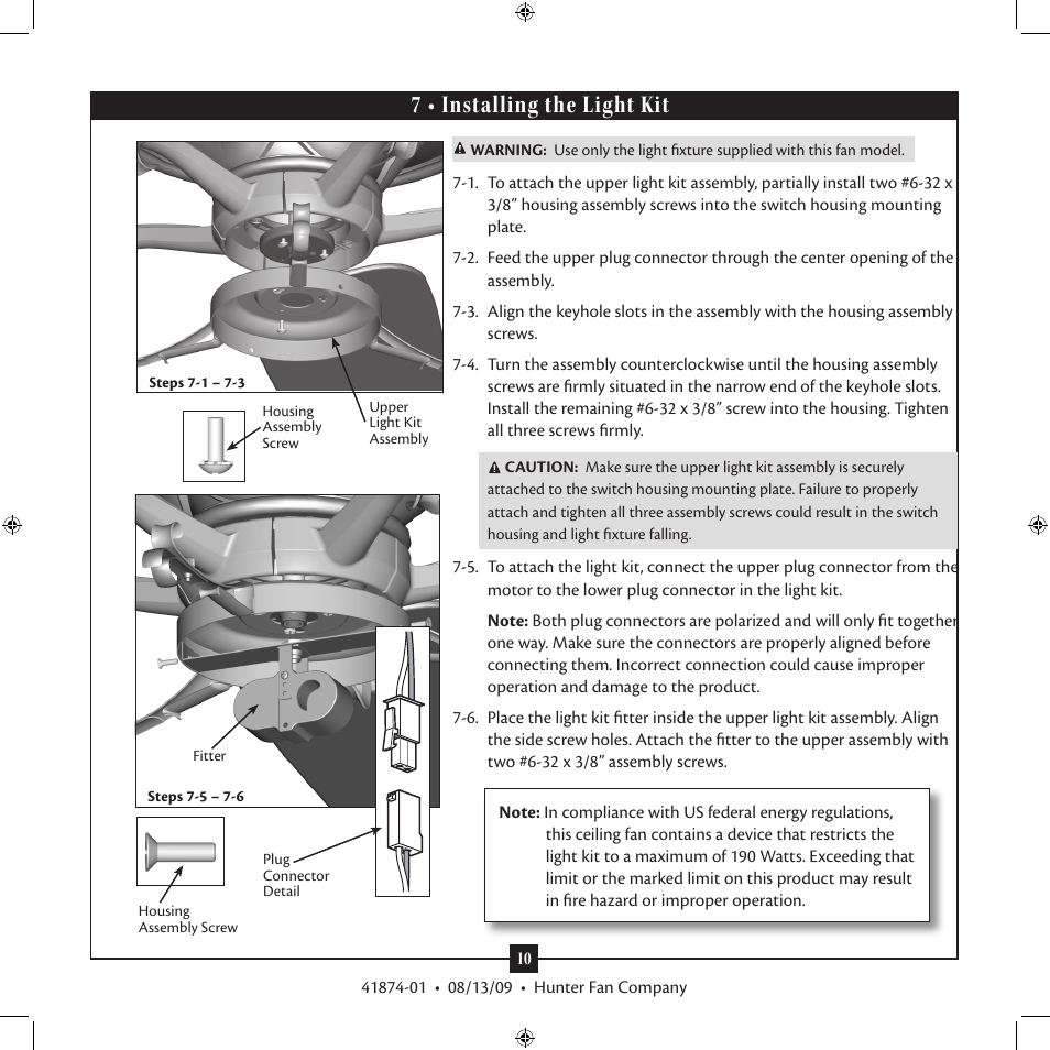 7 • installing the light kit | Hunter Fan Type 3 User Manual | Page 10 / 16