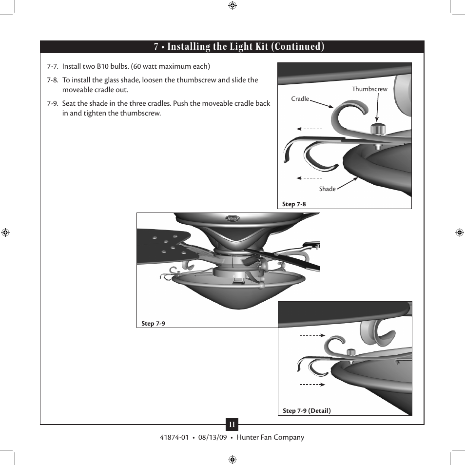 7 • installing the light kit (continued) | Hunter Fan Type 3 User Manual | Page 11 / 16