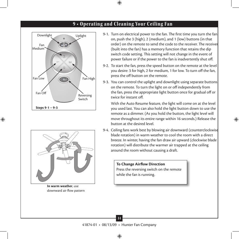 9 • operating and cleaning your ceiling fan | Hunter Fan Type 3 User Manual | Page 14 / 16