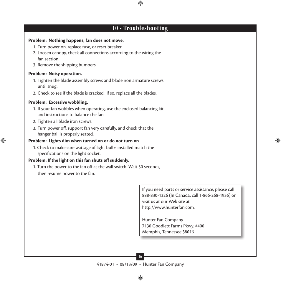 10 • troubleshooting | Hunter Fan Type 3 User Manual | Page 16 / 16