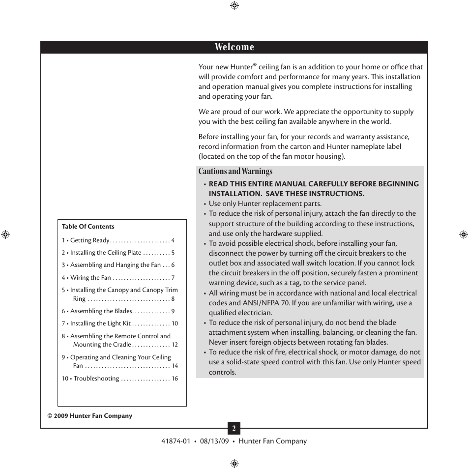 Welcome, Cautions and warnings | Hunter Fan Type 3 User Manual | Page 2 / 16