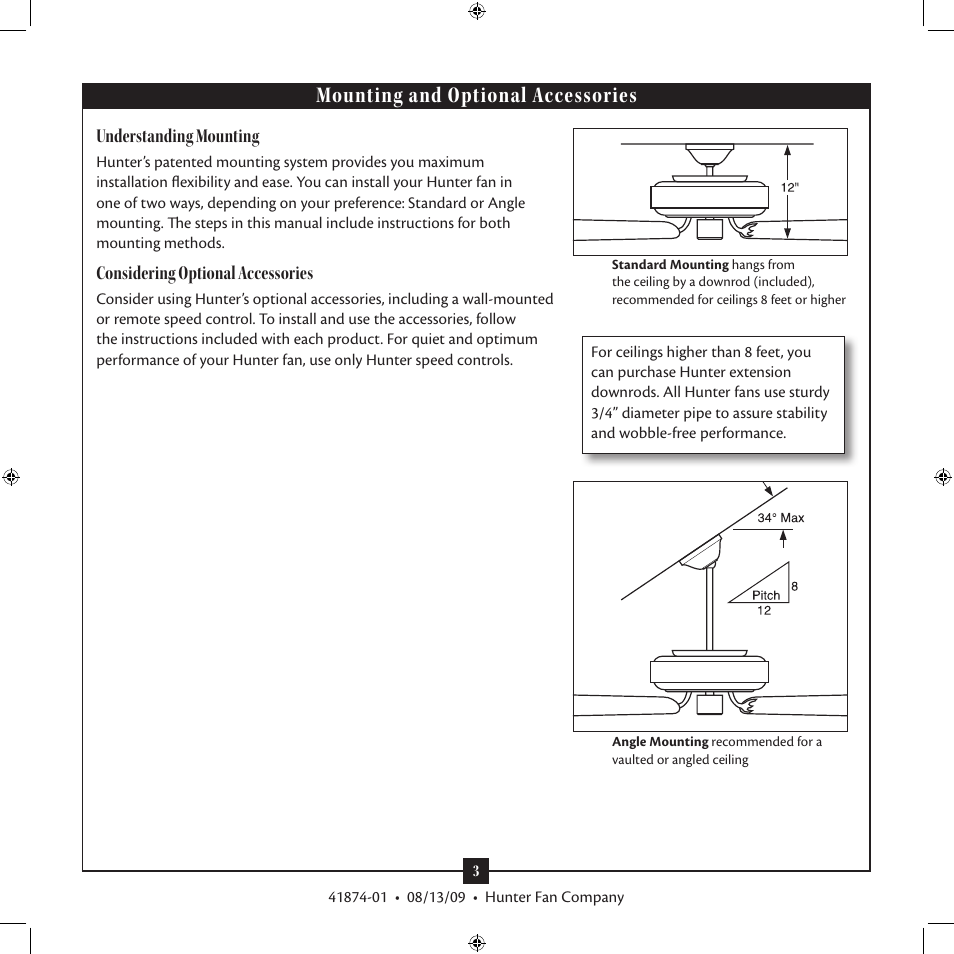 Mounting and optional accessories | Hunter Fan Type 3 User Manual | Page 3 / 16