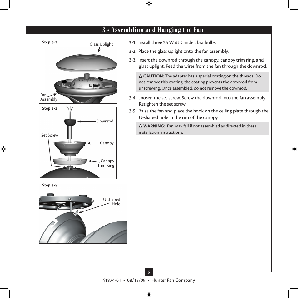 3 • assembling and hanging the fan | Hunter Fan Type 3 User Manual | Page 6 / 16