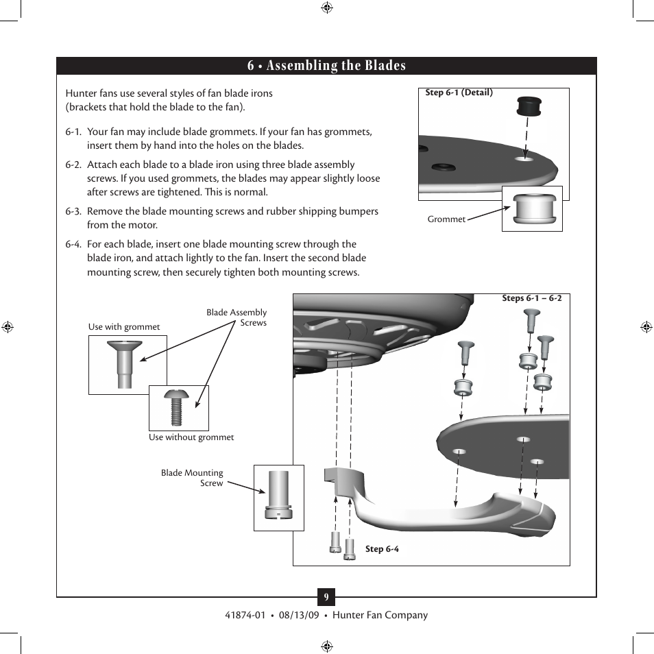 6 • assembling the blades | Hunter Fan Type 3 User Manual | Page 9 / 16