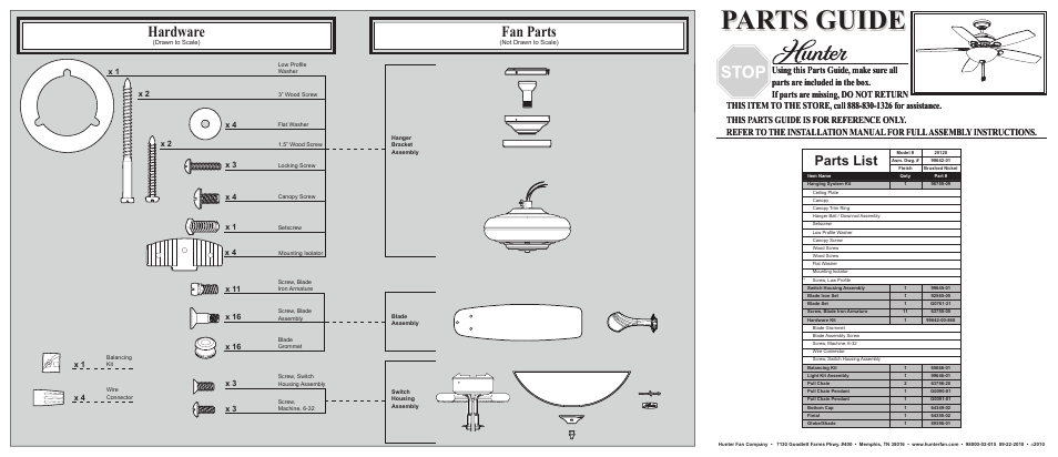 Hunter Fan Parts & Hardware 25120 User Manual | 2 pages