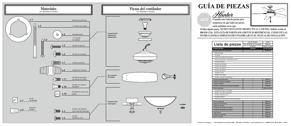 Guía de piezas, Materiales, Piezas del ventilador | Alto, Lista de piezas | Hunter Fan Parts & Hardware 25120 User Manual | Page 2 / 2