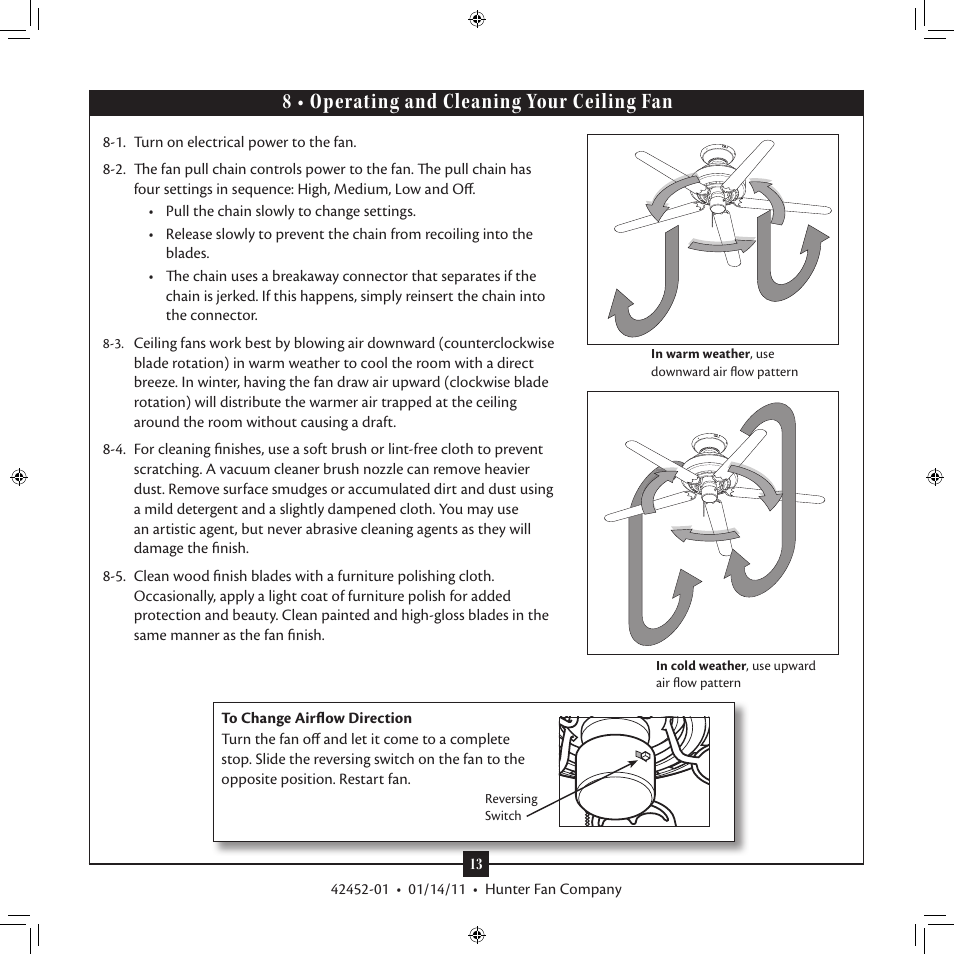 8 • operating and cleaning your ceiling fan | Hunter Fan TypeT User Manual | Page 13 / 15