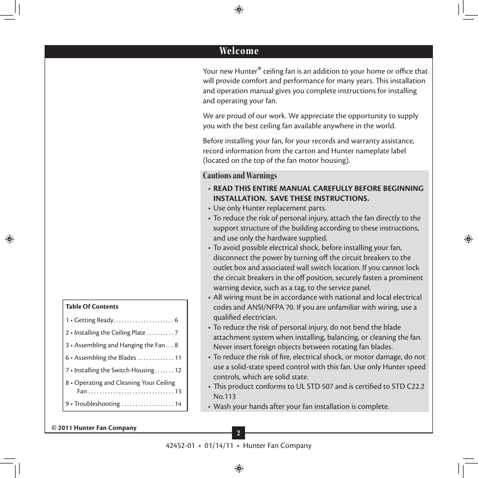 Welcome, Cautions and warnings | Hunter Fan TypeT User Manual | Page 2 / 15