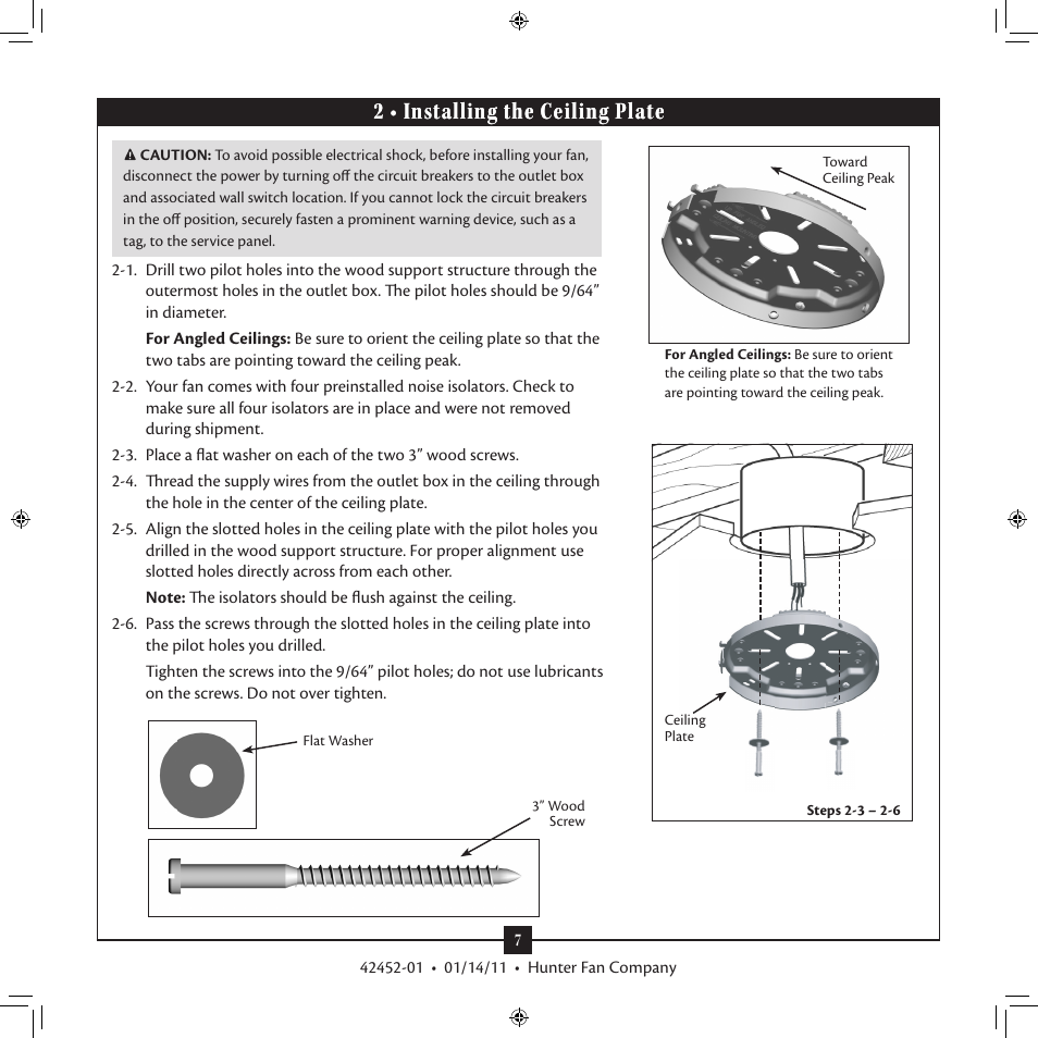 2 • installing the ceiling plate | Hunter Fan TypeT User Manual | Page 7 / 15