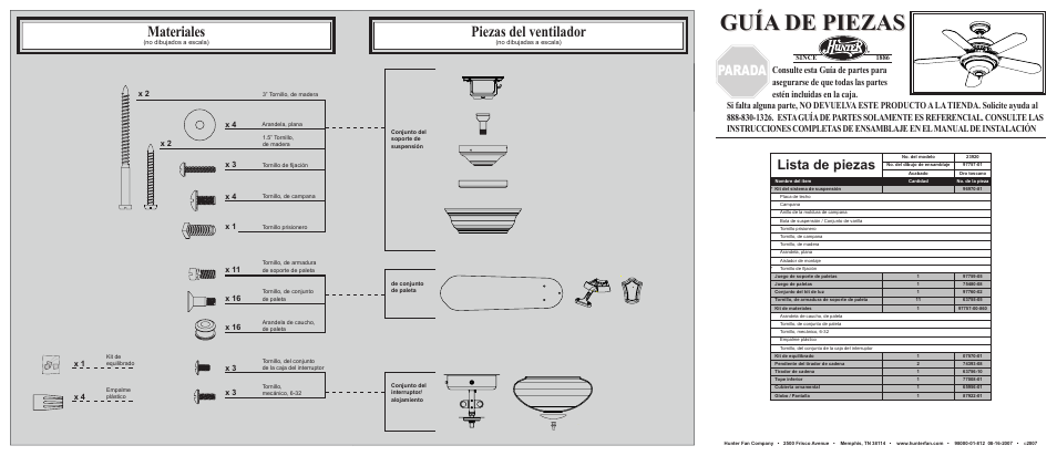 Guía de piezas, Materiales, Piezas del ventilador | Parada, Lista de piezas | Hunter Fan 23920 User Manual | Page 2 / 2