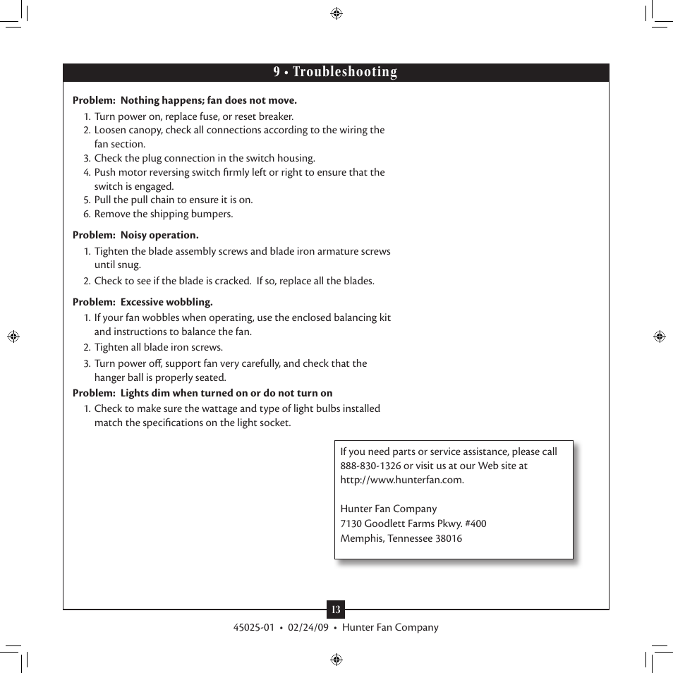 9 • troubleshooting | Hunter Fan Norway 20490 User Manual | Page 13 / 13
