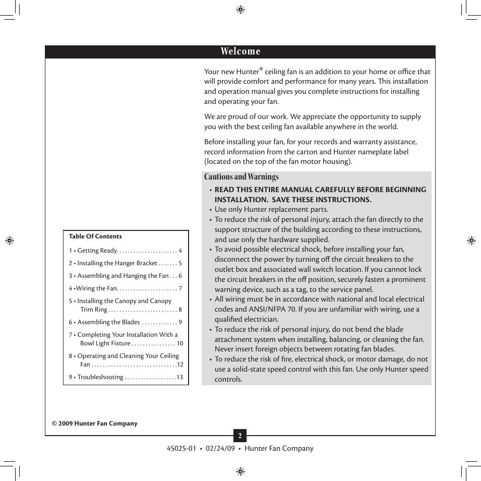 Welcome, Cautions and warnings | Hunter Fan Norway 20490 User Manual | Page 2 / 13