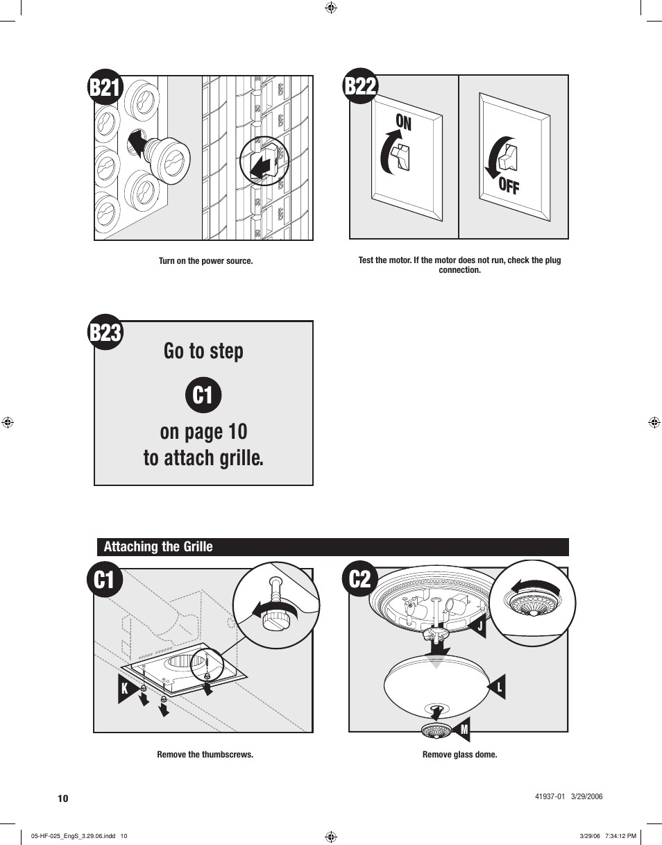 Go to step on page 10 to attach grille, On off | Hunter Fan 81003 User Manual | Page 10 / 28