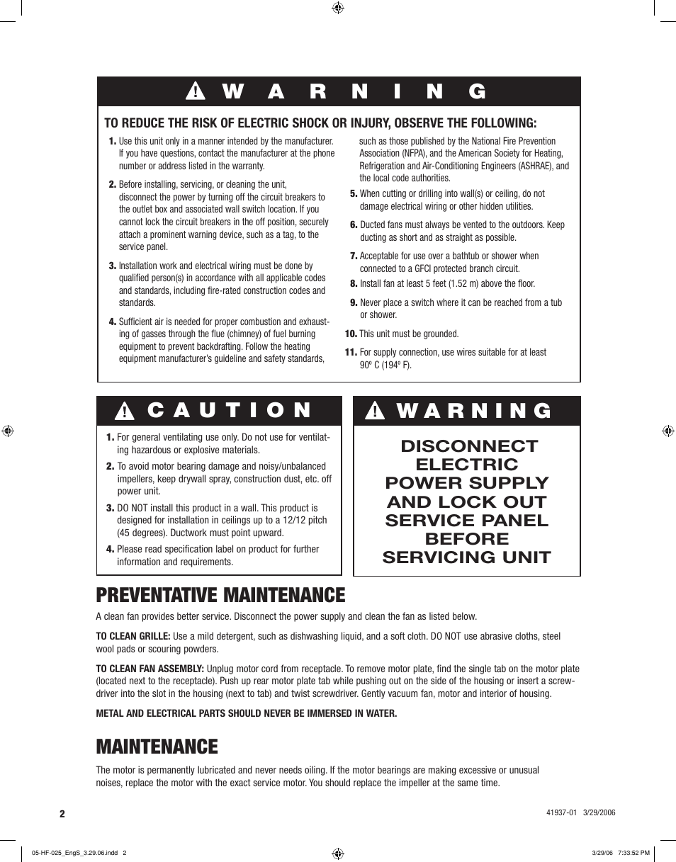 Preventative maintenance, Maintenance | Hunter Fan 81003 User Manual | Page 2 / 28