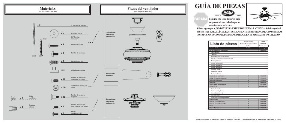 Guía de piezas, Materiales, Piezas del ventilador | Parada, Lista de piezas | Hunter Fan 21894 User Manual | Page 2 / 2